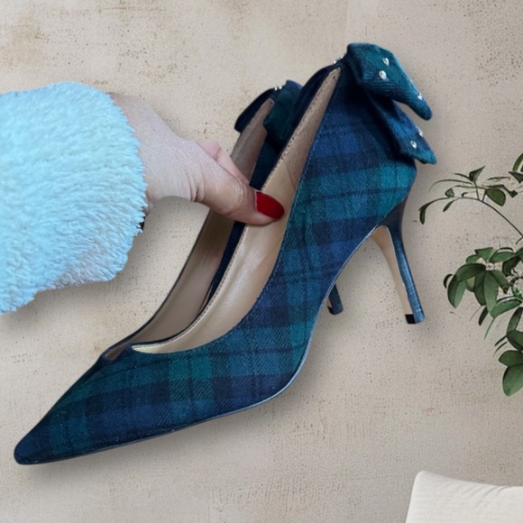 Talbots Plaid Bow Heels with Rhinestones - Picture 4 of 6